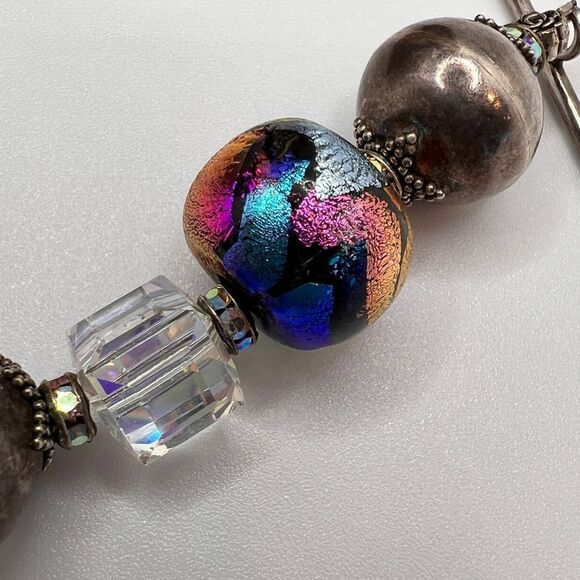 925 Solid Silver Ball Bracelet Artisan Dichroic Glass Large Facet Crystals 7.25” - Picture 9 of 11